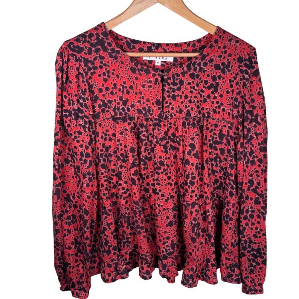 Xirena Scarlet Blouse Women Size M Red Black Animal Print Cotton Ruffle Office - Picture 2 of 8